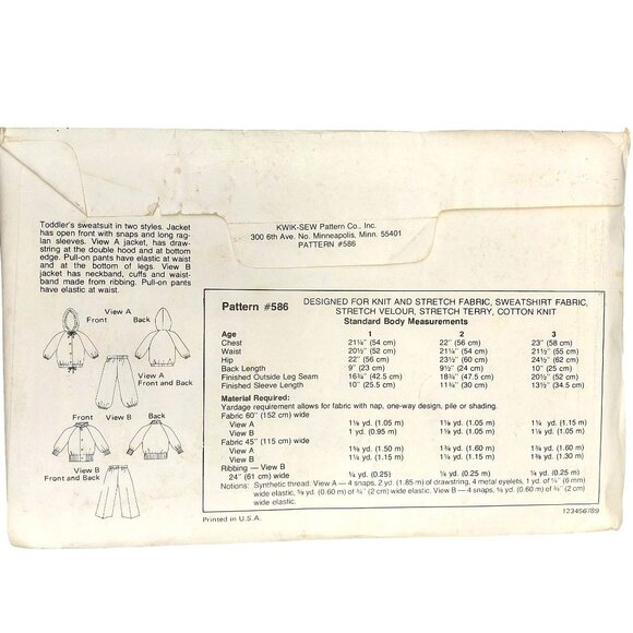 1970s Kwik Sew Toddler Sewing Pattern 586 For Sweatshirt Jacket & Pants Set Ages - Picture 3 of 3